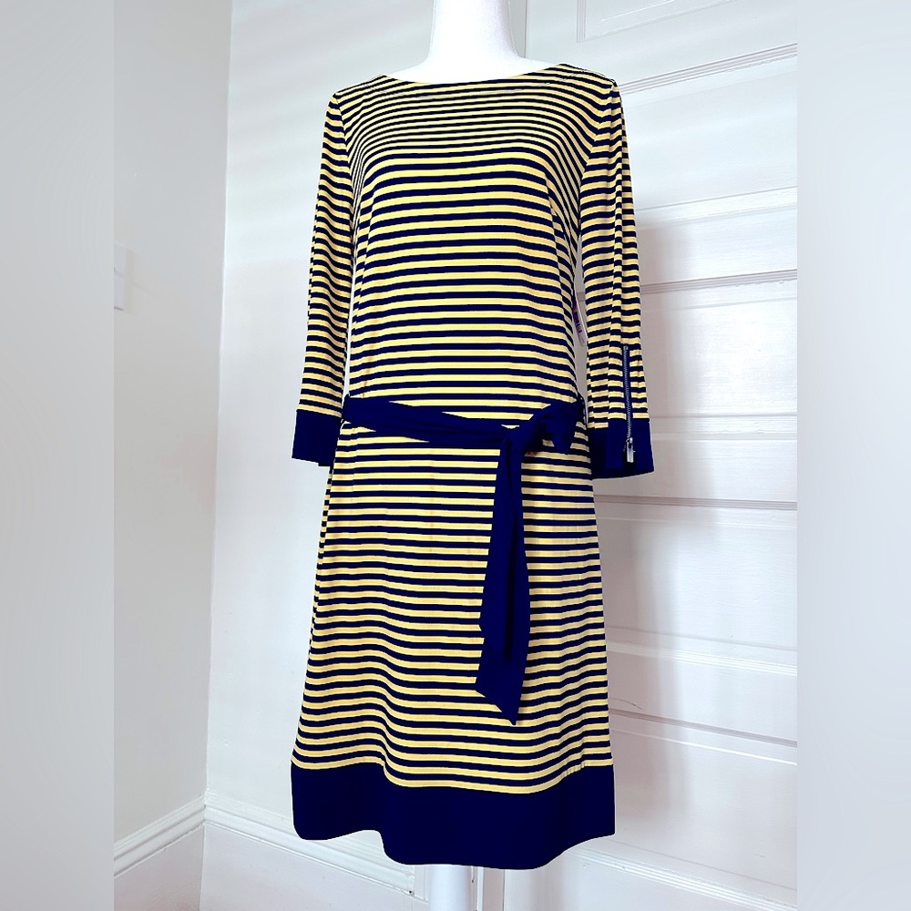 NWT Laundry Navy Blue and Yellow Stripe Boatneck Dress Size 8